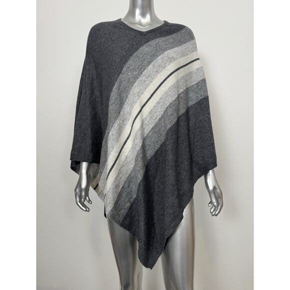 100% Cashmere Poncho Travel Wrap Women’s One Size Gray Cream Stripe - Picture 1 of 8